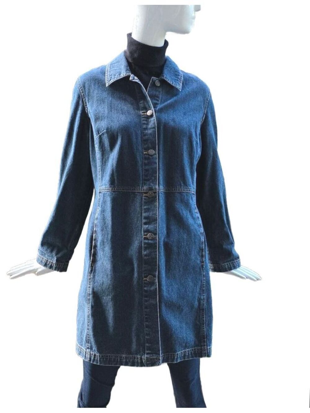 Vintage SO blue Sigrid Olsen Denim Duster Jacket Dress M Medium Cotton Midi Coat